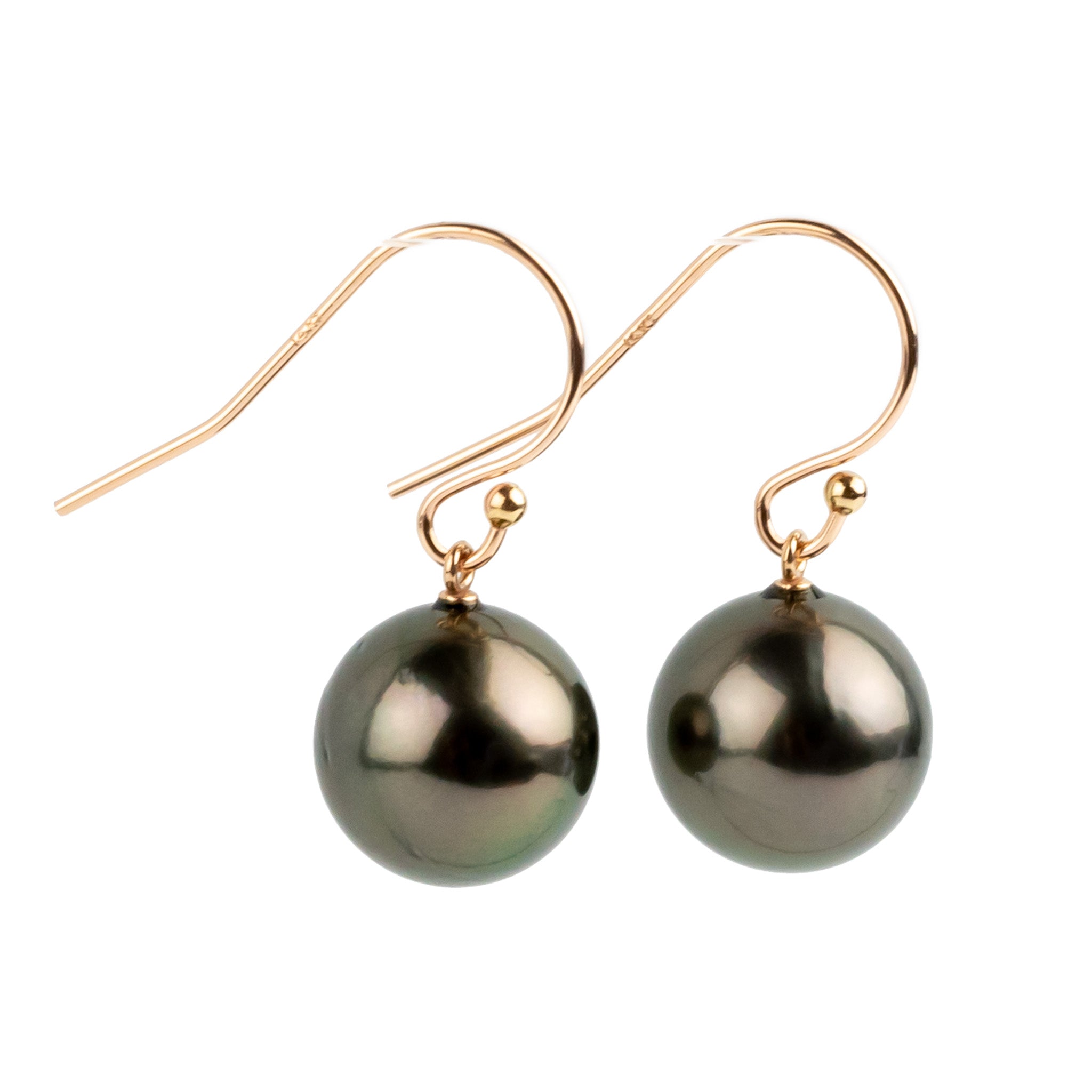 Aubergine Green Tahitian Pearl Dangle Earrings on 14K Rose Gold