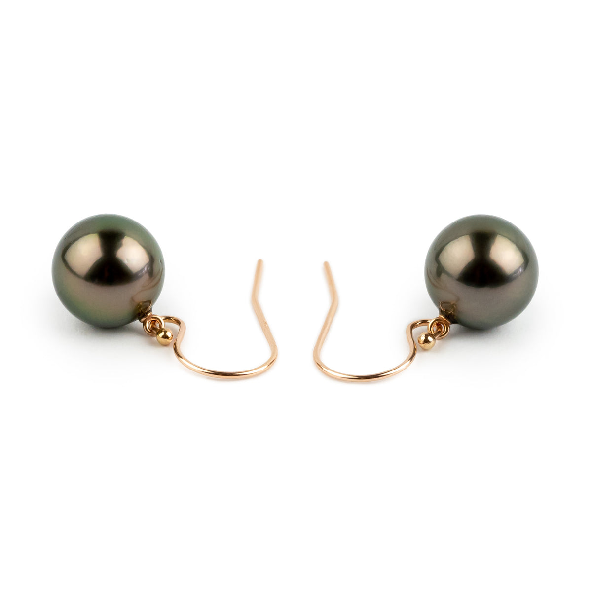Aubergine Green Tahitian Pearl Dangle Earrings on 14K Rose Gold