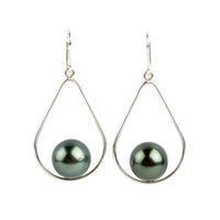 Blue Green Tahitian Pearl Teardrop Dangle Earrings on Sterling Silver