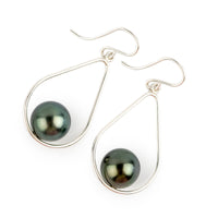 Blue Green Tahitian Pearl Teardrop Dangle Earrings on Sterling Silver