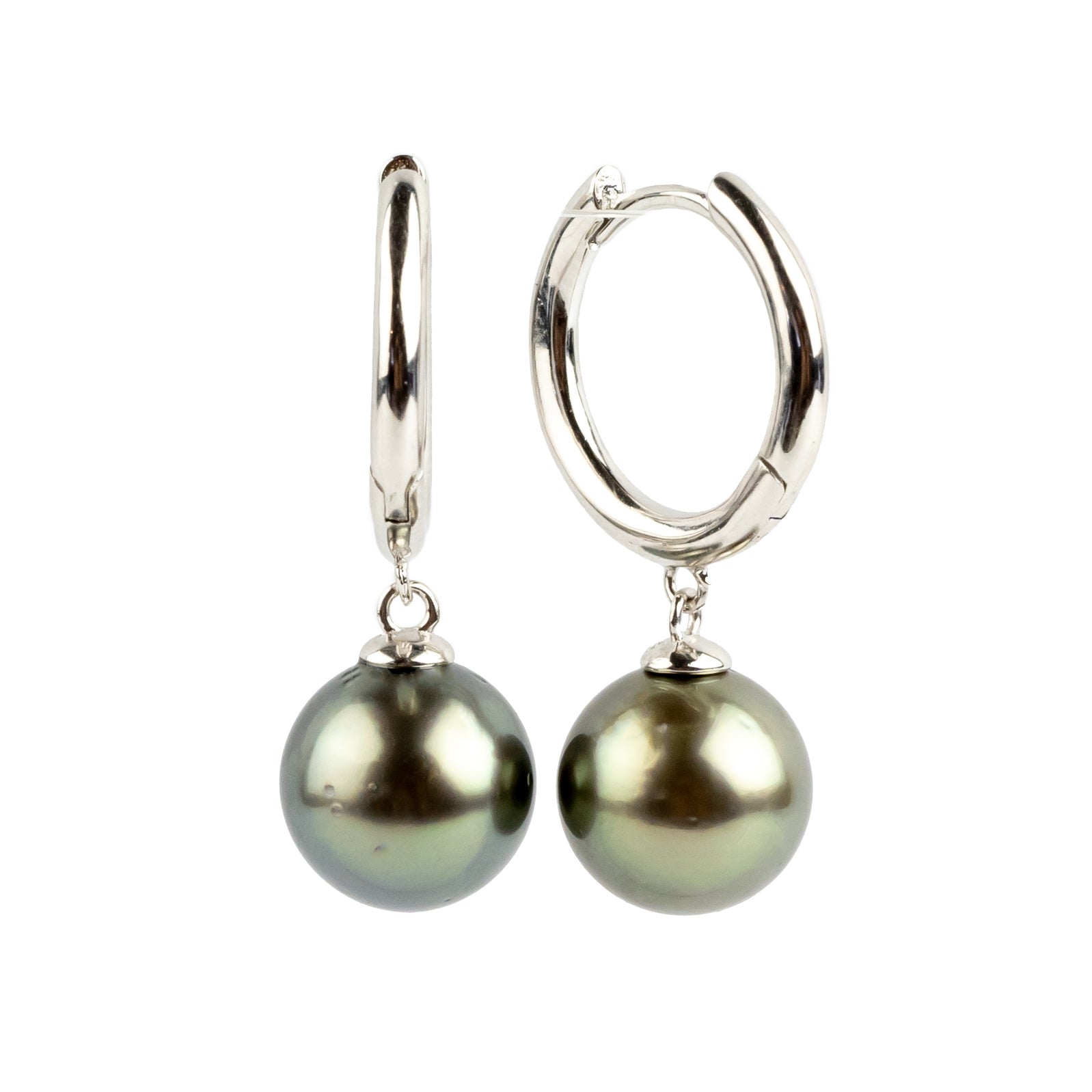 Iridescent Green 10.4mm Tahitian Pearl Hoop Earrings on Sterling Silver