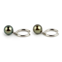 Iridescent Green 10.4mm Tahitian Pearl Hoop Earrings on Sterling Silver