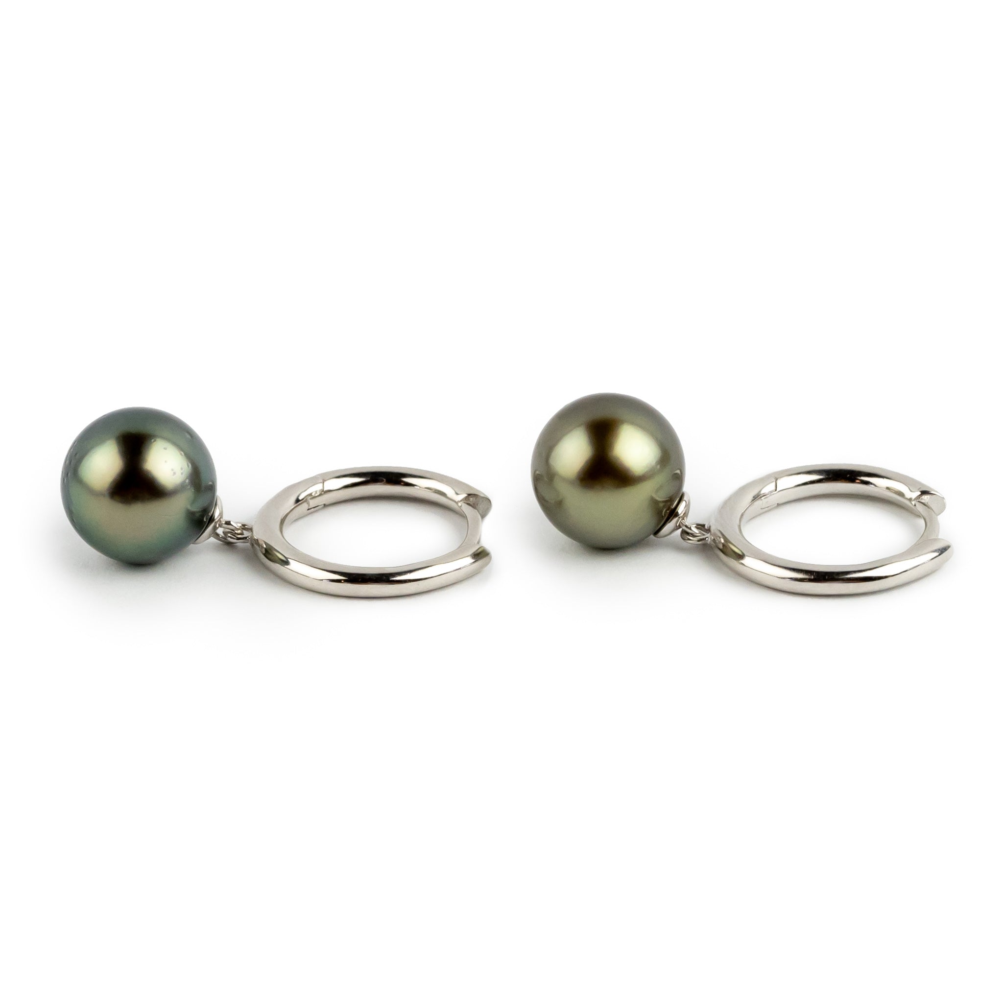 Iridescent Green 10.4mm Tahitian Pearl Hoop Earrings on Sterling Silver