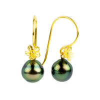 Flashy Green Tahitian Pearl Hibiscus Hook Earrings