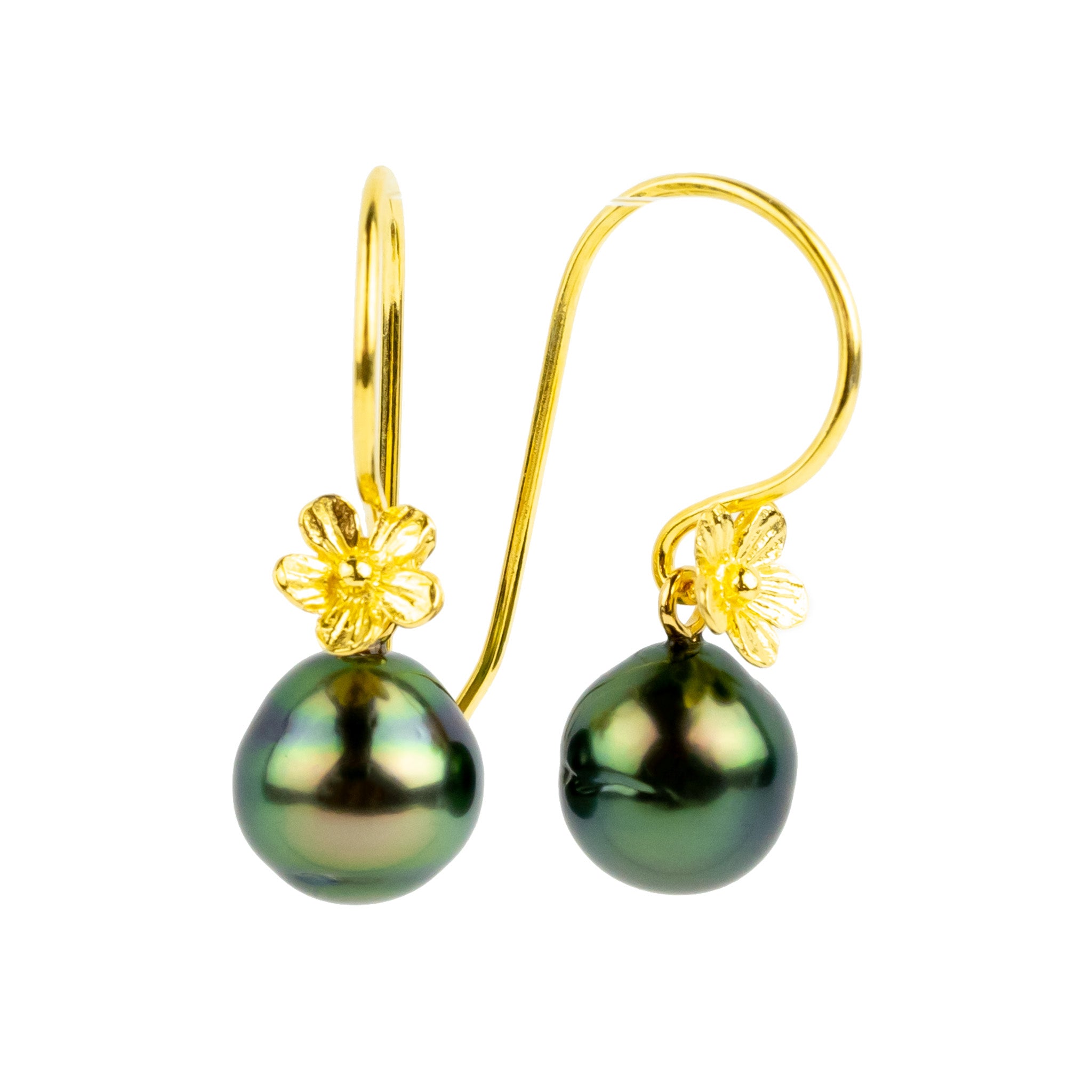 Flashy Green Tahitian Pearl Hibiscus Hook Earrings