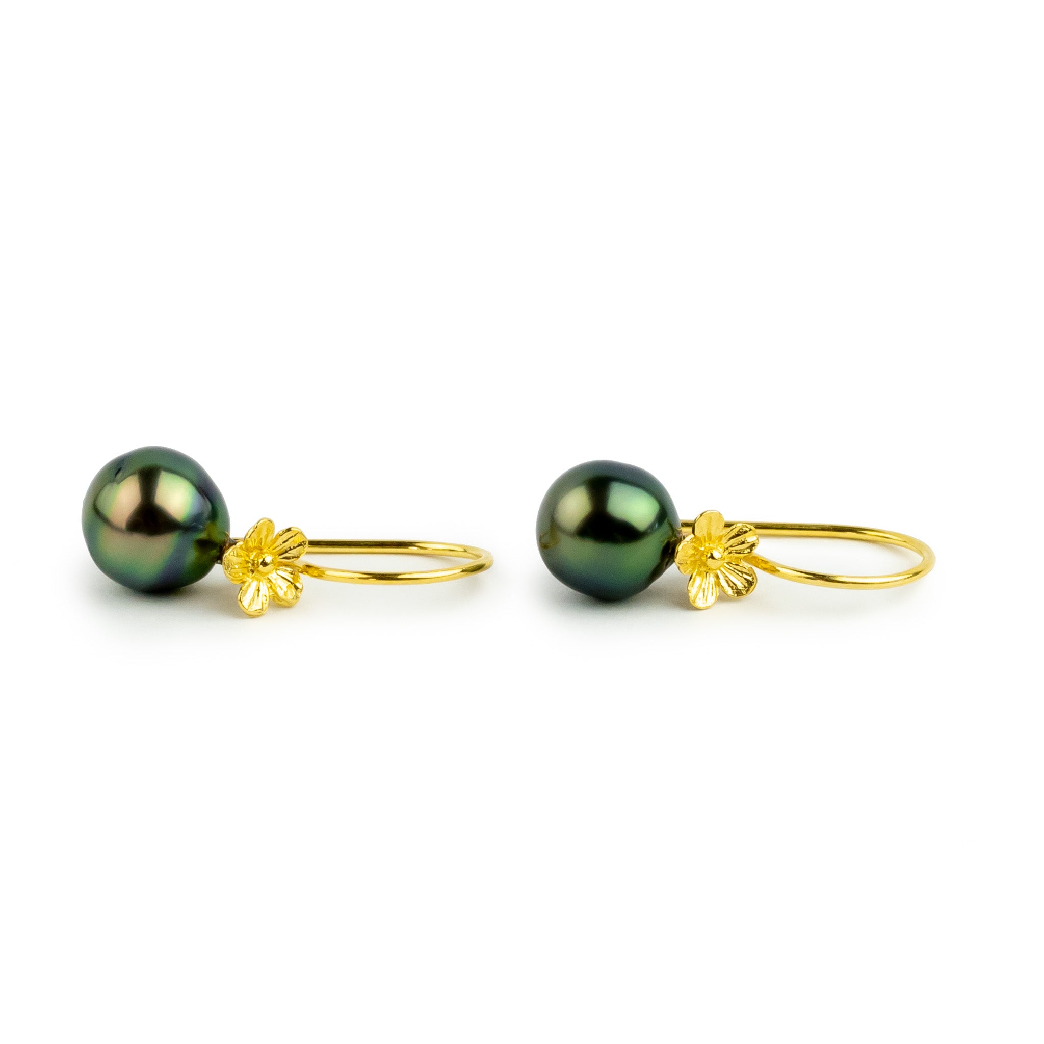 Flashy Green Tahitian Pearl Hibiscus Hook Earrings