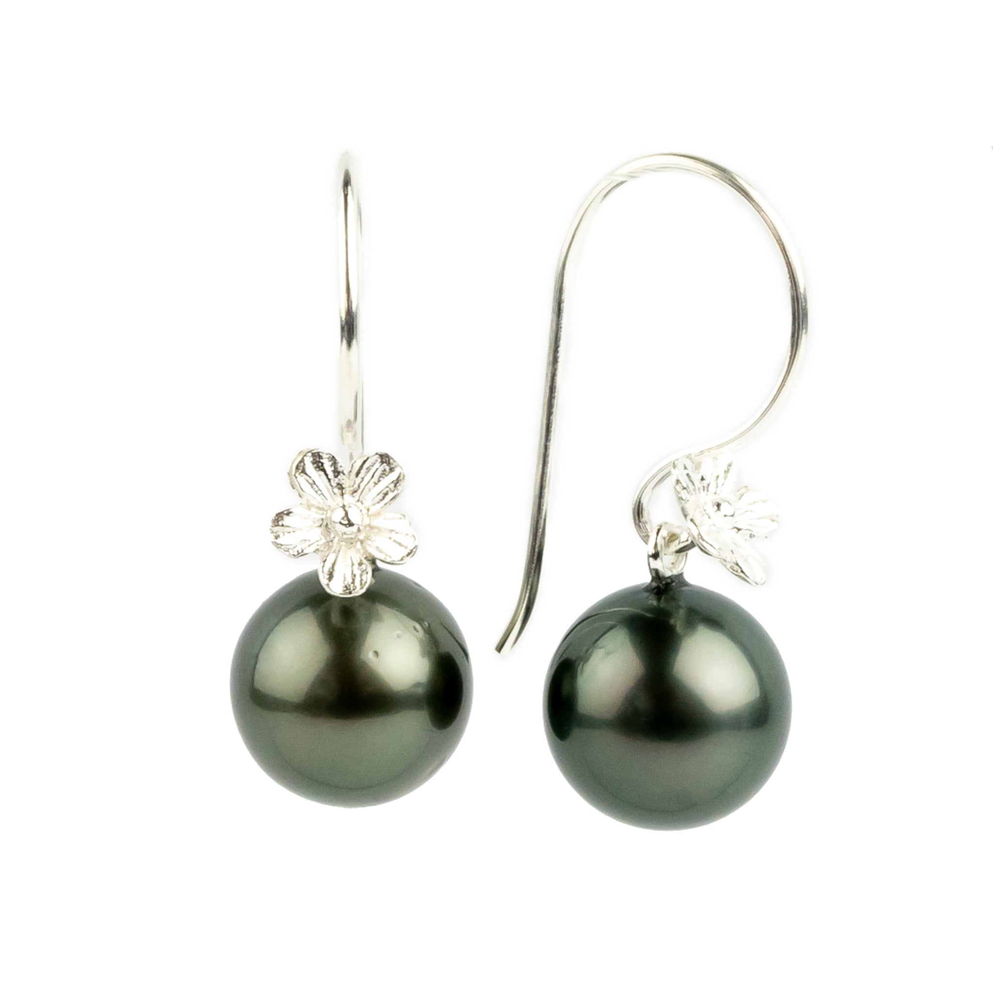 Stormy Green Tahitian Pearl Hibiscus Hook Earrings