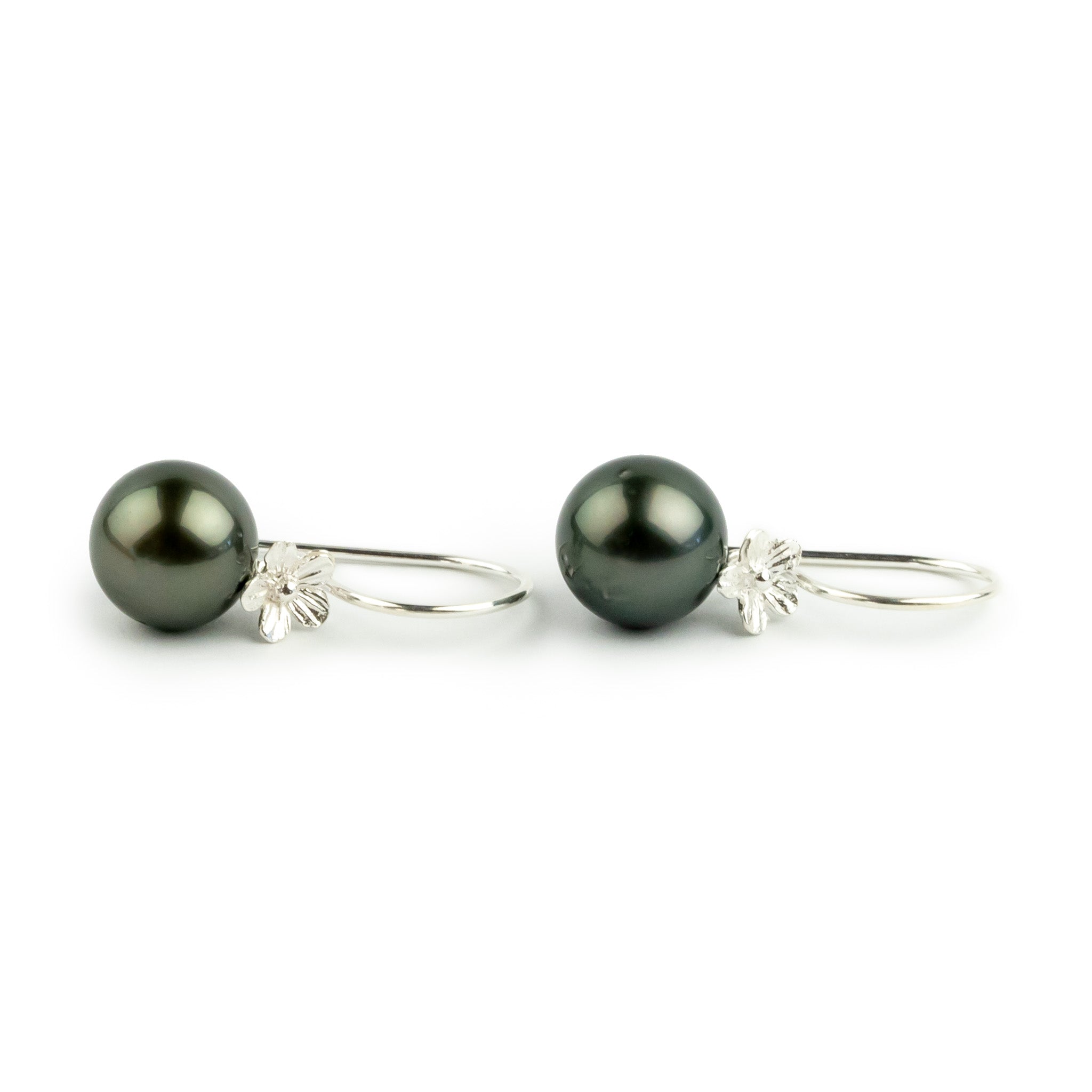 Stormy Green Tahitian Pearl Hibiscus Hook Earrings