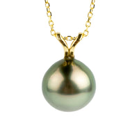 Shimmery Pink Green 9mm Tahitian Pearl I'a Necklace on 14K Yellow Gold