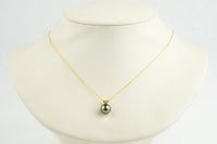 Shimmery Pink Green 9mm Tahitian Pearl I'a Necklace on 14K Yellow Gold