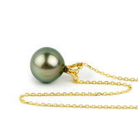 Shimmery Pink Green 9mm Tahitian Pearl I'a Necklace on 14K Yellow Gold