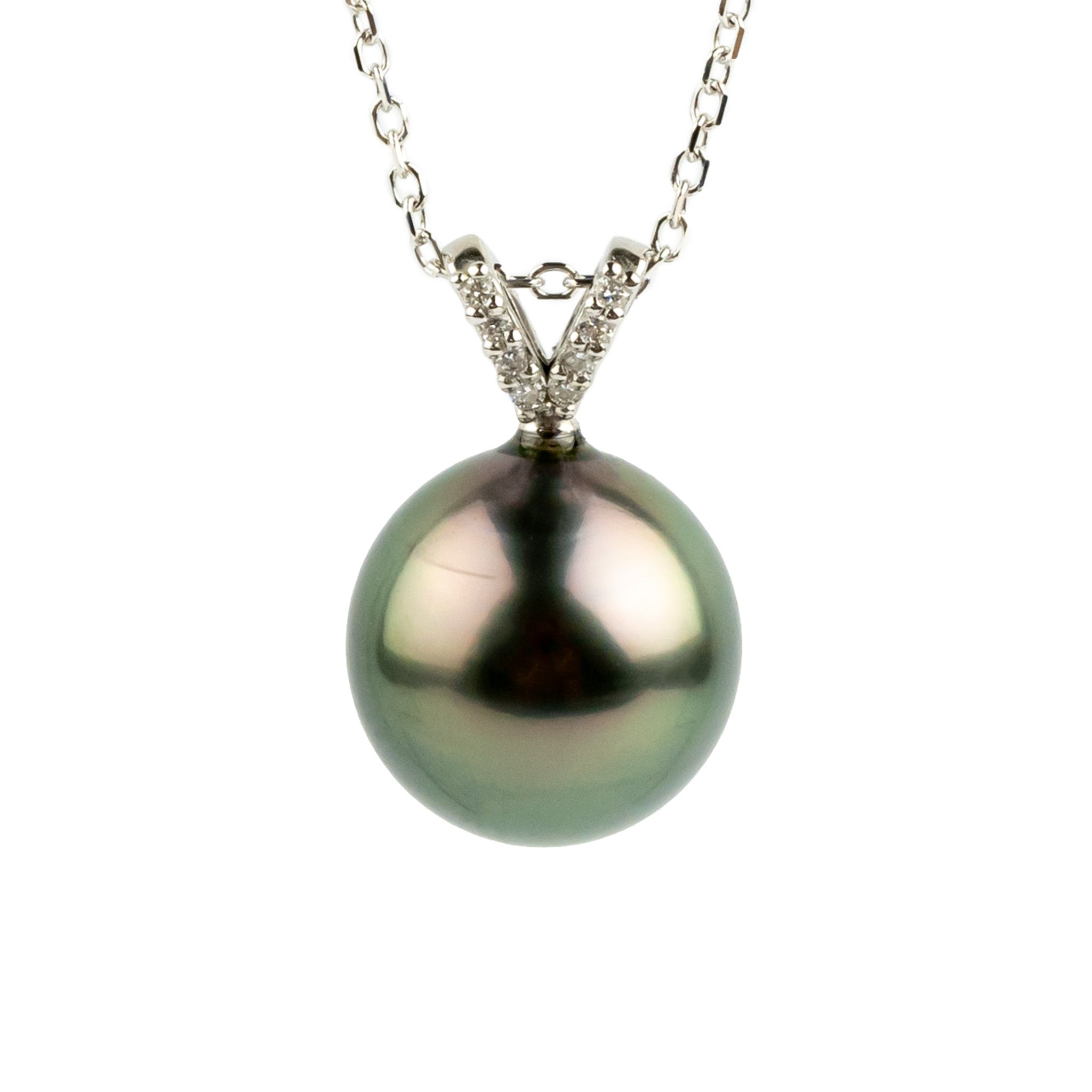Pink Green Tahitian Pearl & Diamond Hoa Necklace on 14K White Gold