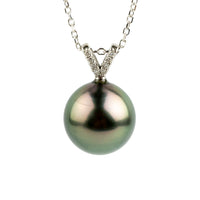 Pink Green Tahitian Pearl & Diamond Hoa Necklace on 14K White Gold
