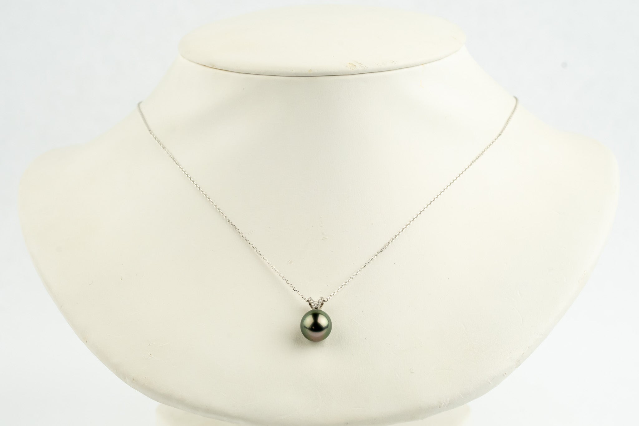 Pink Green Tahitian Pearl & Diamond Hoa Necklace on 14K White Gold