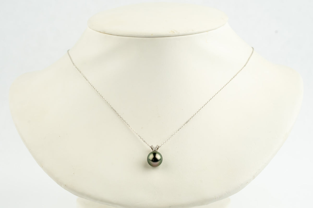Pink Green Tahitian Pearl & Diamond Hoa Necklace on 14K White Gold