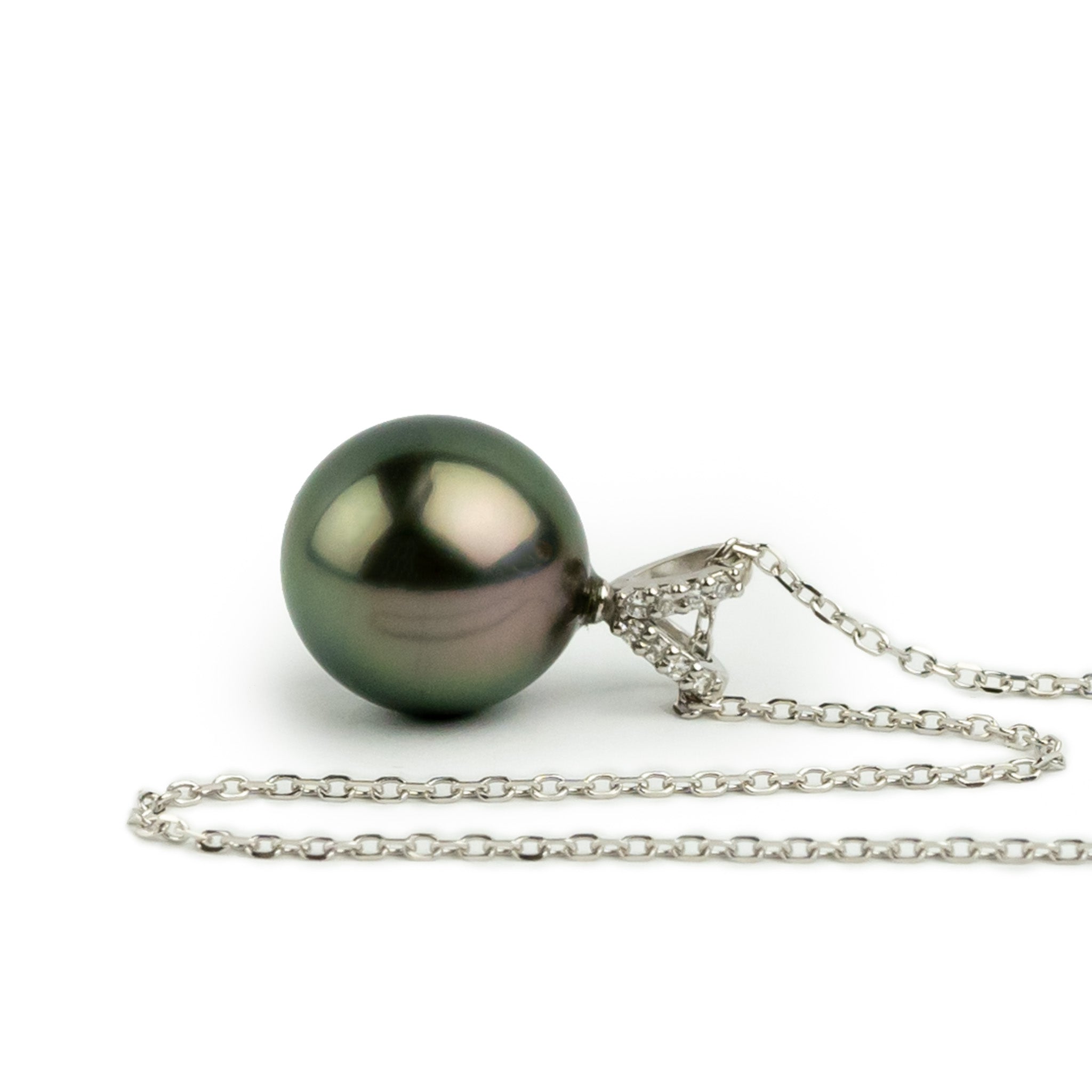 Pink Green Tahitian Pearl & Diamond Hoa Necklace on 14K White Gold