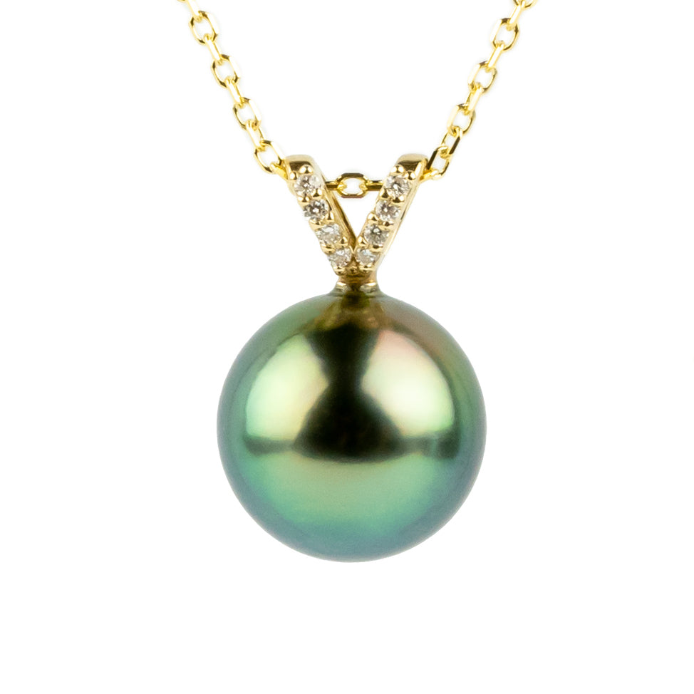 Tropical Green Tahitian Pearl & Diamond Hoa Necklace on 14K Yellow Gold