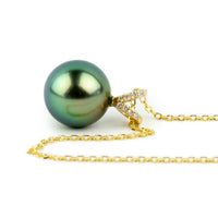 Tropical Green Tahitian Pearl & Diamond Hoa Necklace on 14K Yellow Gold