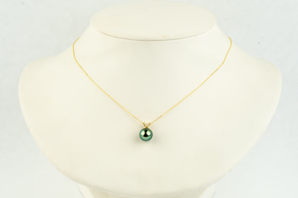 Tropical Green Tahitian Pearl & Diamond Hoa Necklace on 14K Yellow Gold