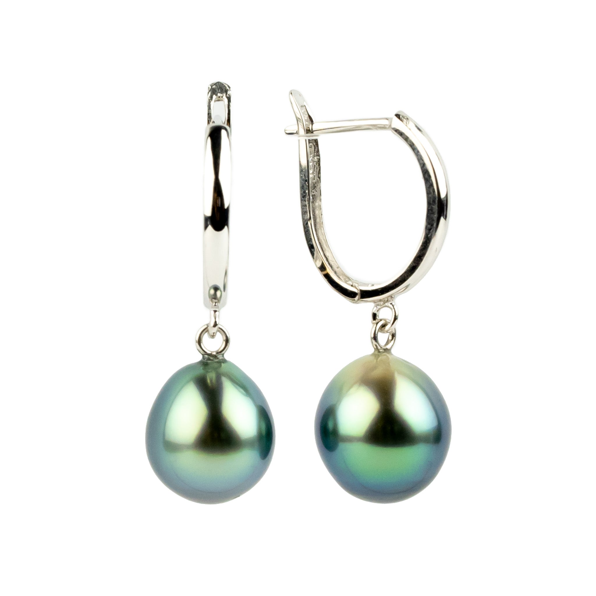 Vibrant Blue-Green 8.5mm Tahitian U-Hoop Earrings on 14K White Gold