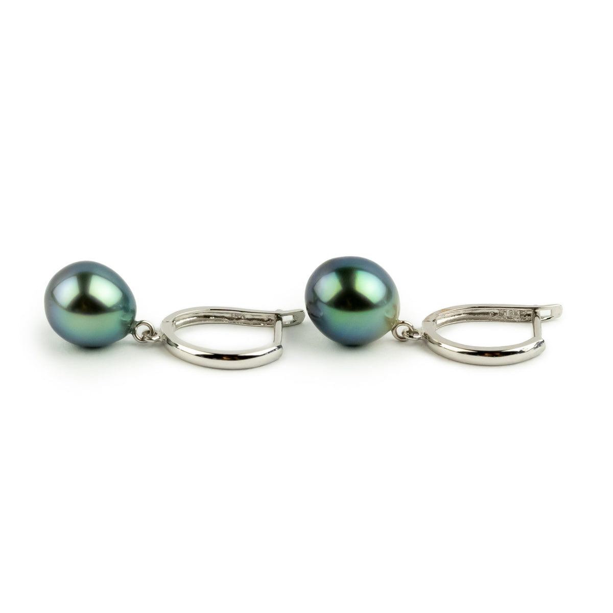 Vibrant Blue-Green 8.5mm Tahitian U-Hoop Earrings on 14K White Gold