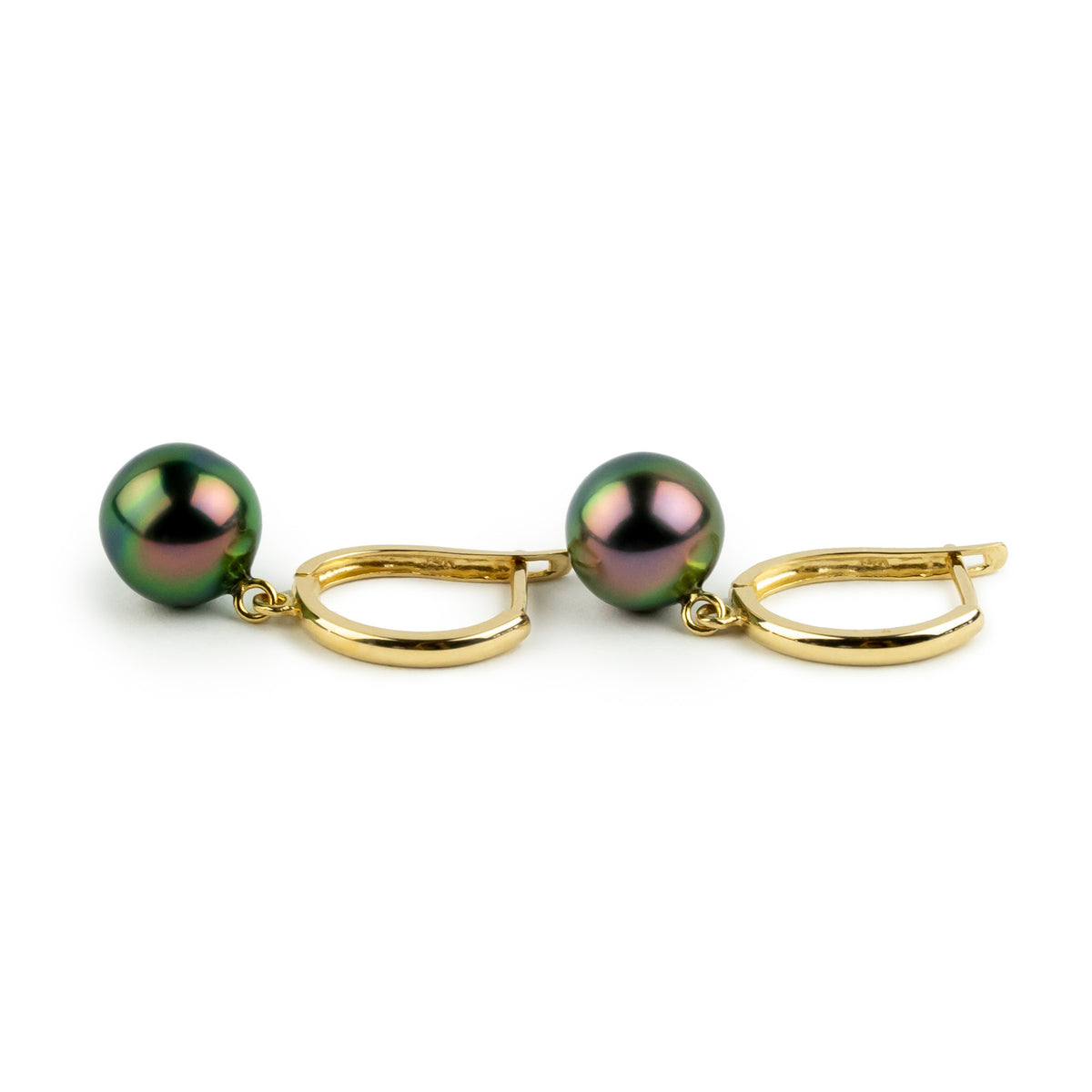 Flashy Fucshia 8.1mm Tahitian Pearl U-Hoop Earrings on 14K Yellow Gold