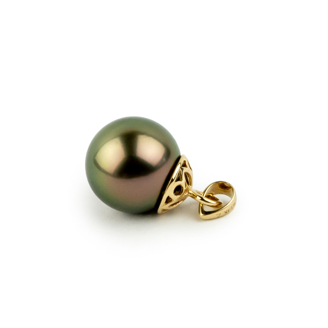 Coppery Aubergine Green 10.2mm Tahitian Pearl Filigree Pendant