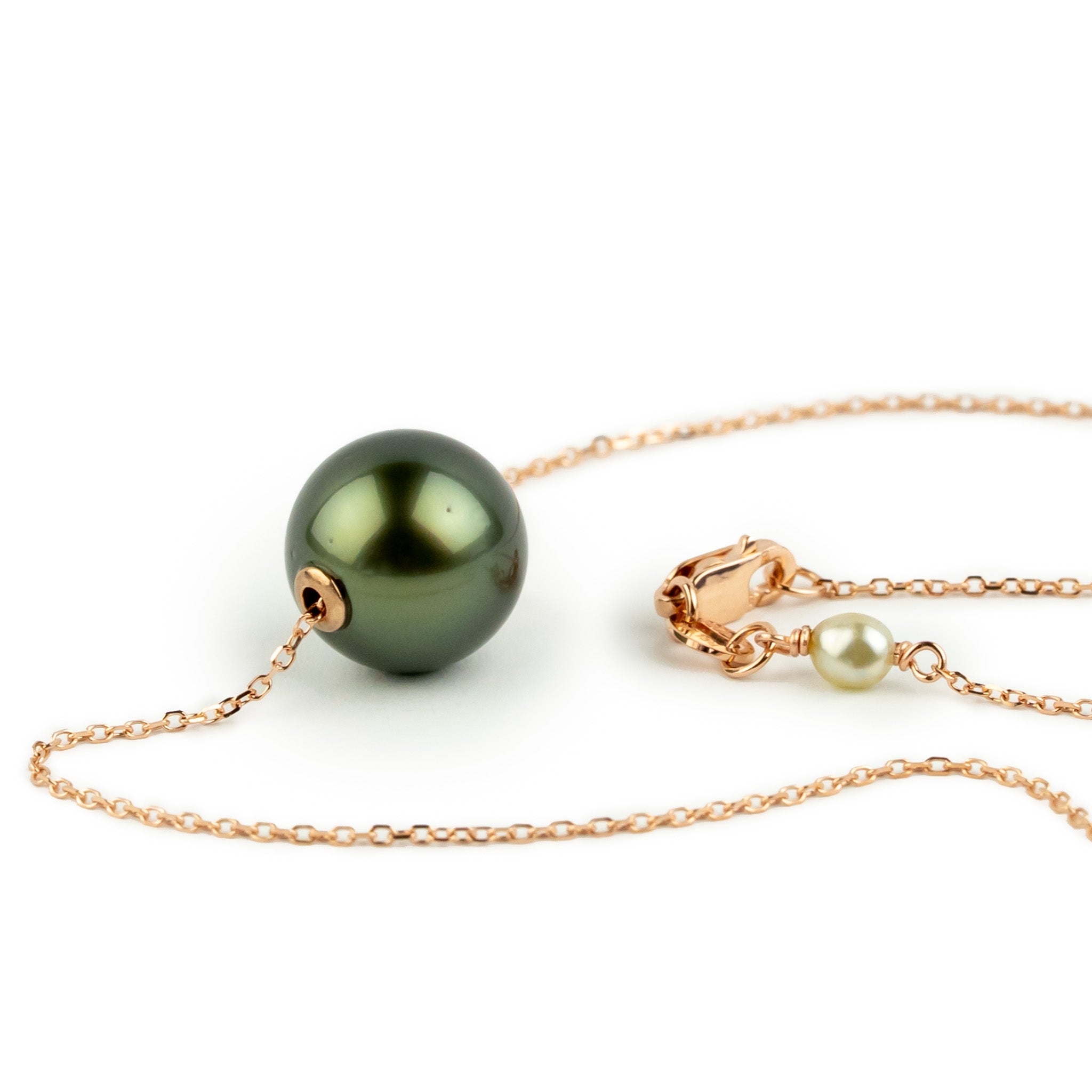 Glowing Deep Green 10.5mm Tahitian Pearl Solitaire Necklace on 14K Rose Gold