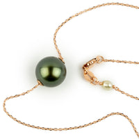 Glowing Deep Green 10.5mm Tahitian Pearl Solitaire Necklace on 14K Rose Gold