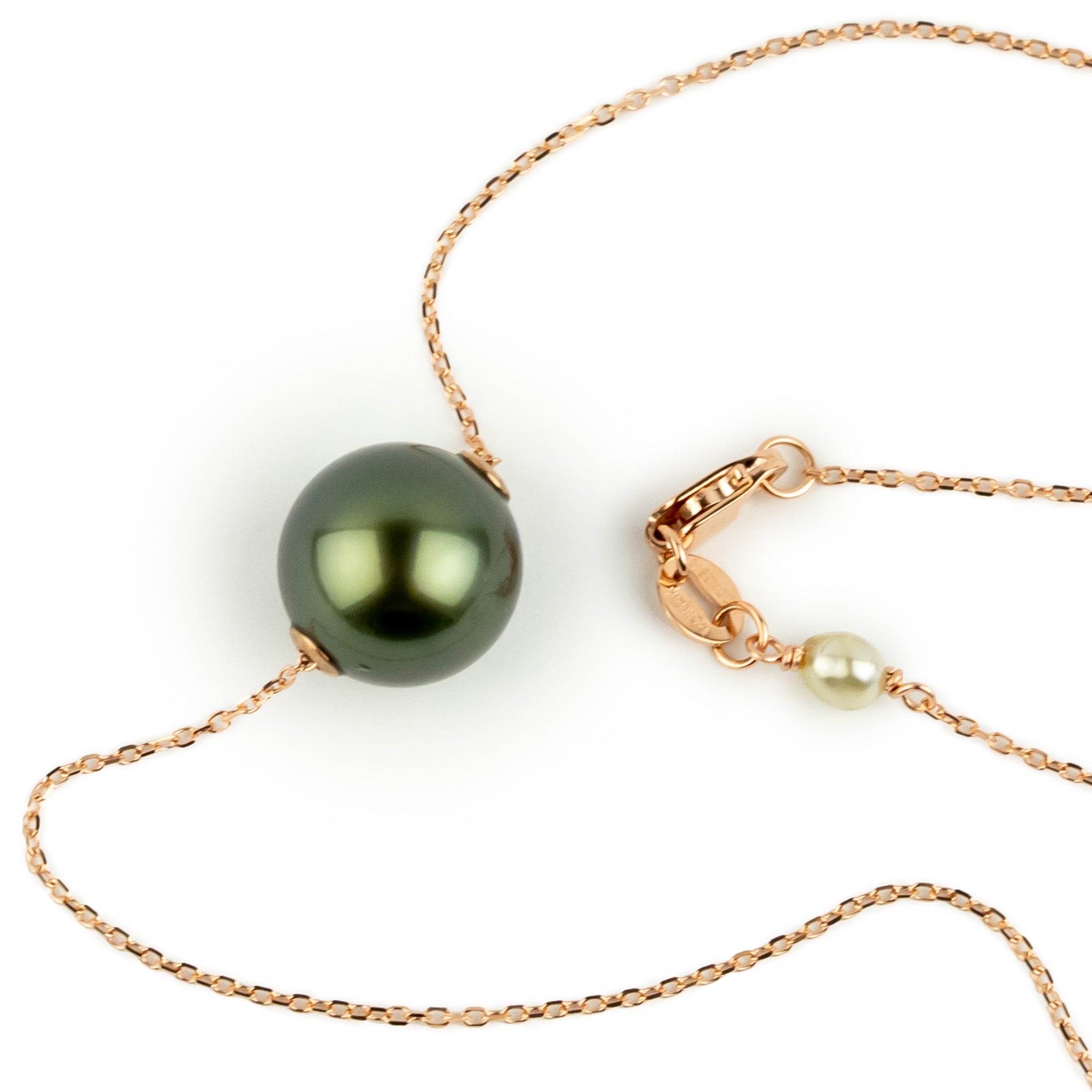 Glowing Deep Green 10.5mm Tahitian Pearl Solitaire Necklace on 14K Rose Gold