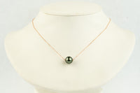 Glowing Deep Green 10.5mm Tahitian Pearl Solitaire Necklace on 14K Rose Gold