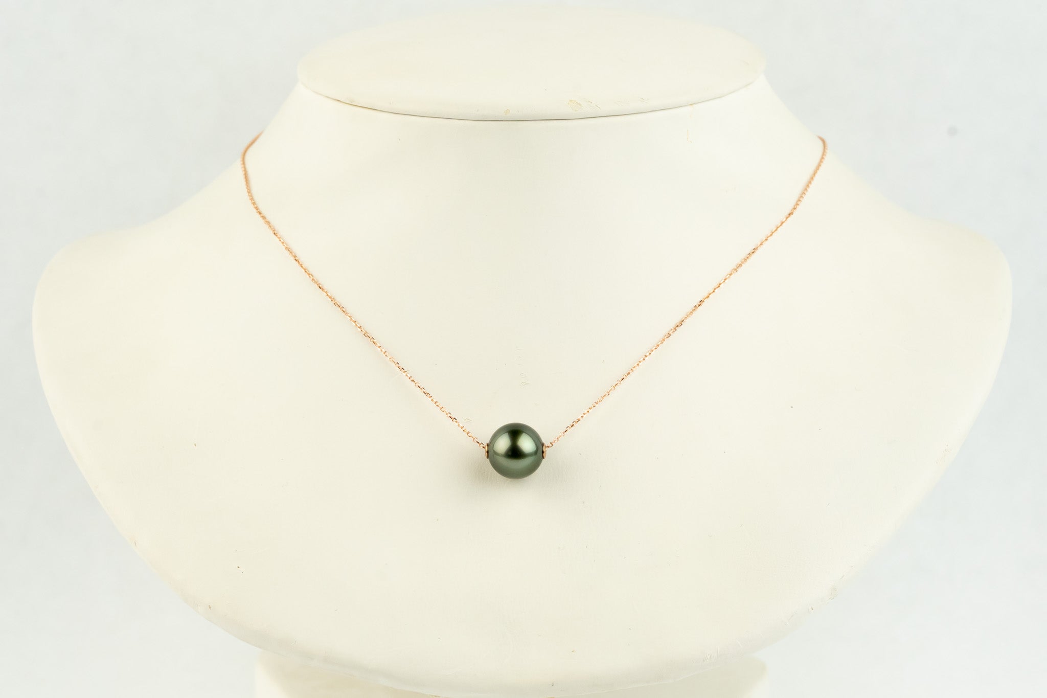 Glowing Deep Green 10.5mm Tahitian Pearl Solitaire Necklace on 14K Rose Gold