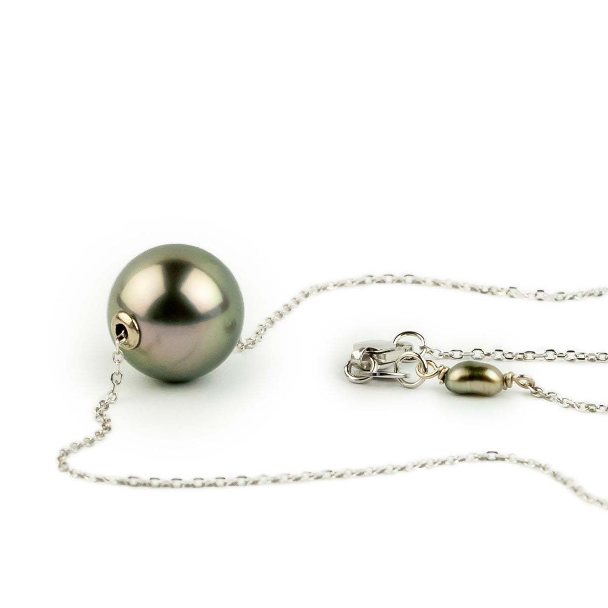 Golden Pink Green 10.1mm Tahitian Pearl Solitaire Necklace on 14K White Gold