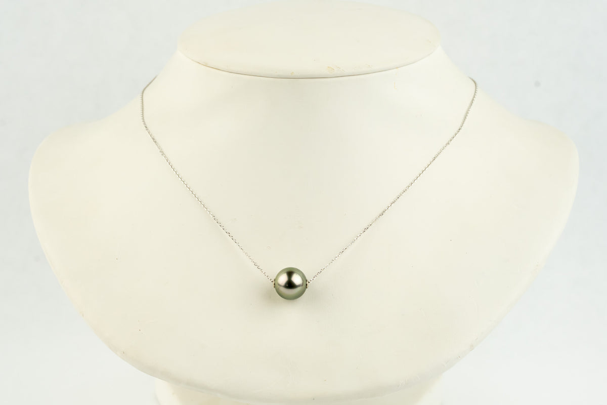 Golden Pink Green 10.1mm Tahitian Pearl Solitaire Necklace on 14K White Gold