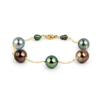 Flashy Multi-Color Tahitian Pearl Tin Cup Bracelet on 14K Yellow Gold