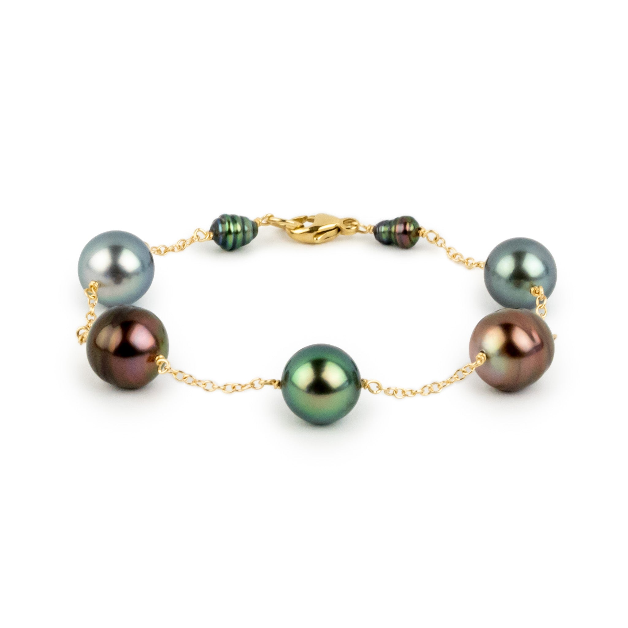 Flashy Multi-Color Tahitian Pearl Tin Cup Bracelet on 14K Yellow Gold