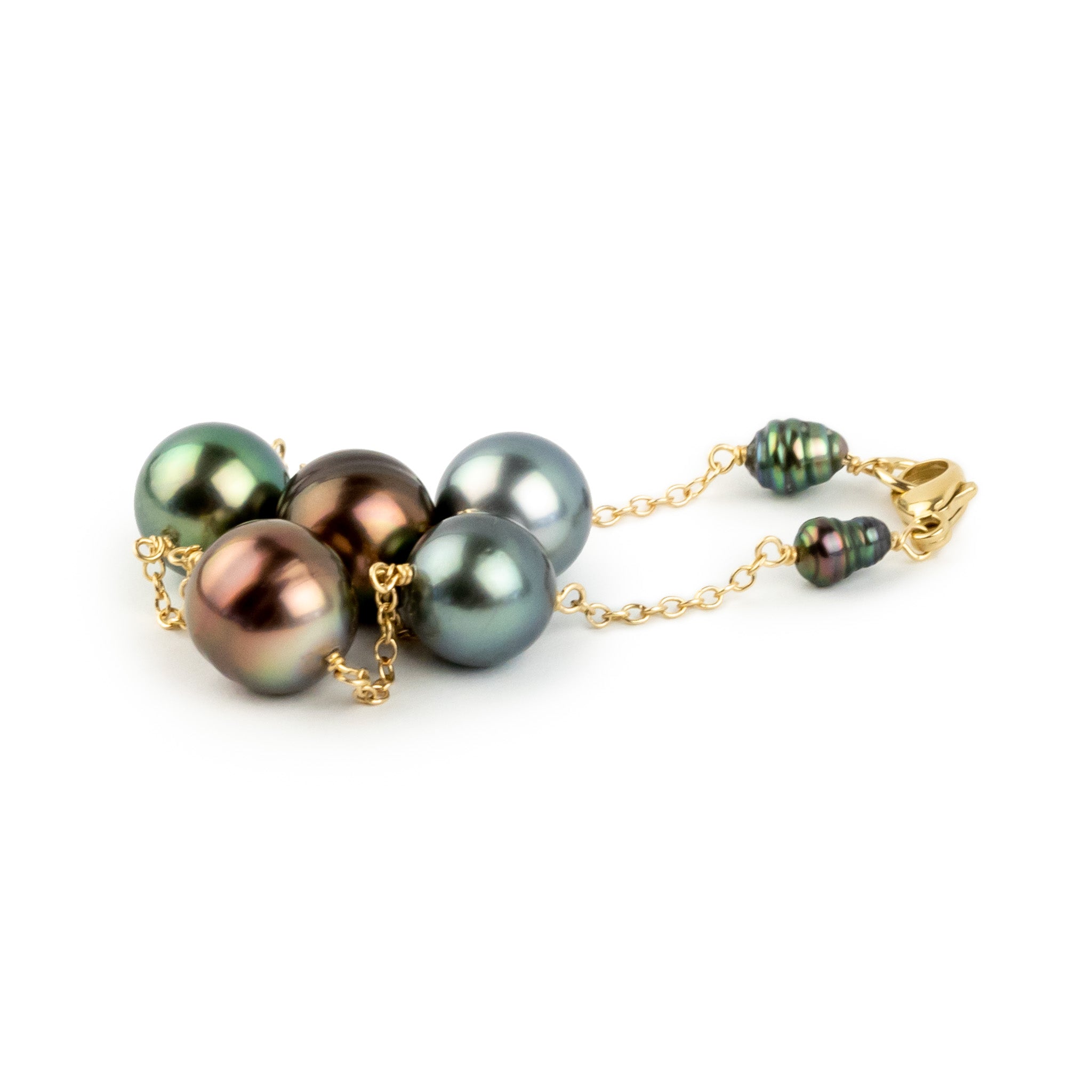 Flashy Multi-Color Tahitian Pearl Tin Cup Bracelet on 14K Yellow Gold
