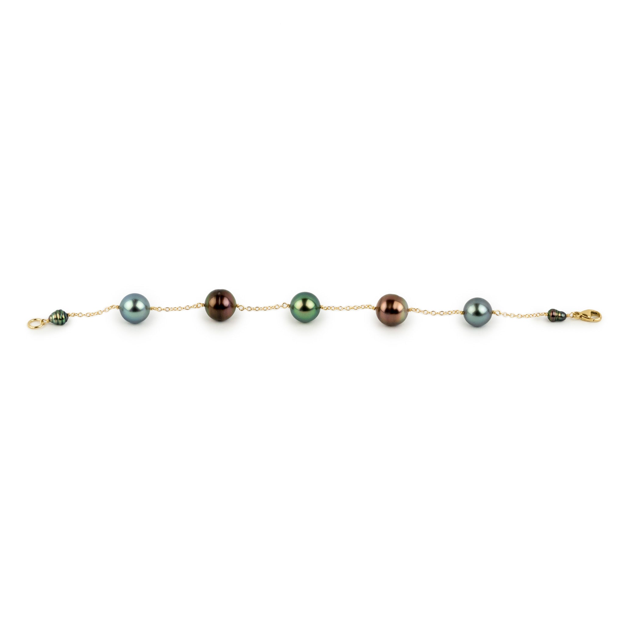 Flashy Multi-Color Tahitian Pearl Tin Cup Bracelet on 14K Yellow Gold