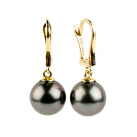 Deep Plum 9.7mm Tahitian Pearl Lever Back Earrings on 14K Yellow Gold