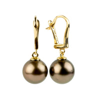 Chocolate Aubergine 9.5mm Tahitian Pearl Lever Back Earrings on 14K Yellow Gold