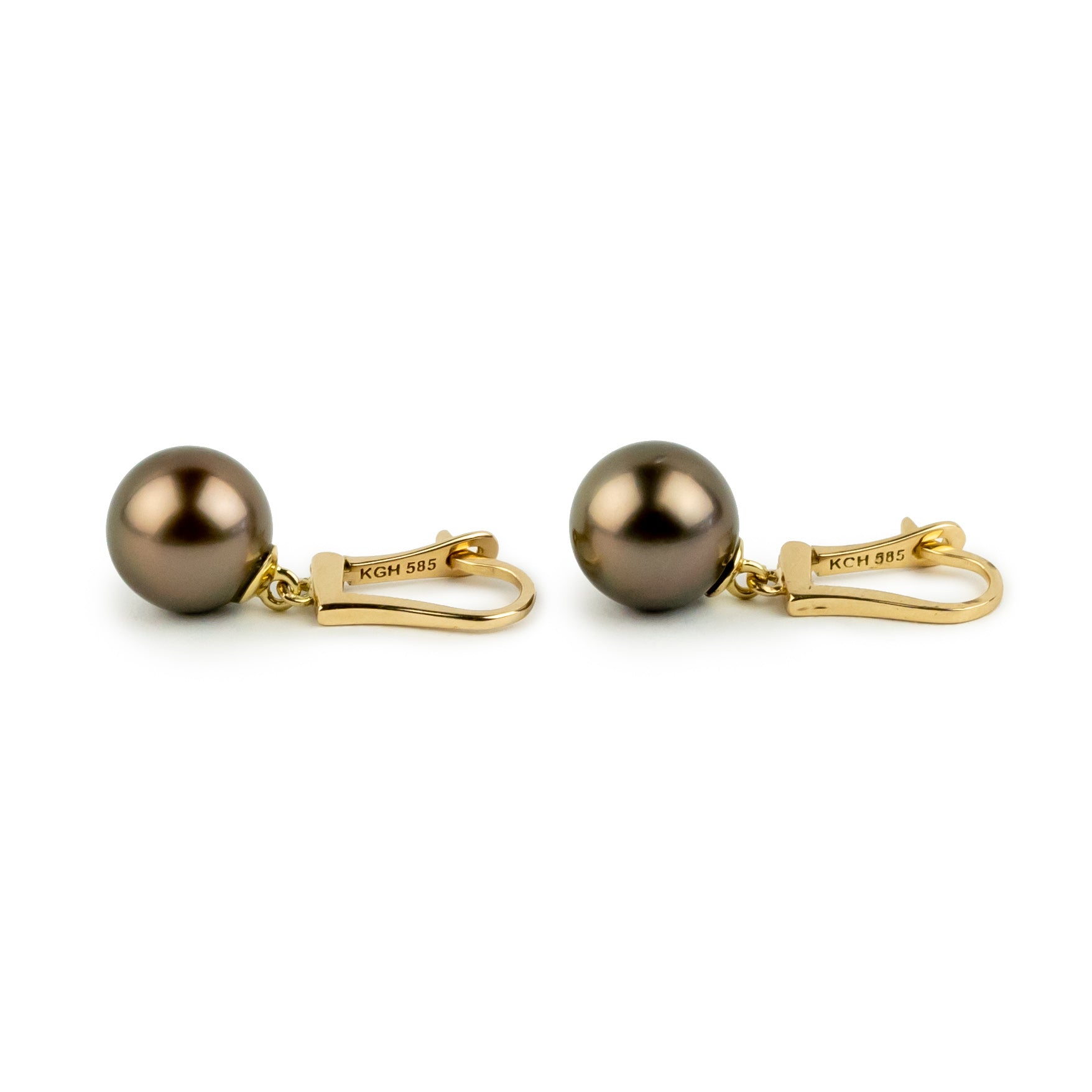 Chocolate Aubergine 9.5mm Tahitian Pearl Lever Back Earrings on 14K Yellow Gold