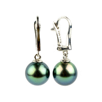 Flashy Blue-Green 9.2mm Tahitian Pearl Lever Back Earrings on 14K White Gold