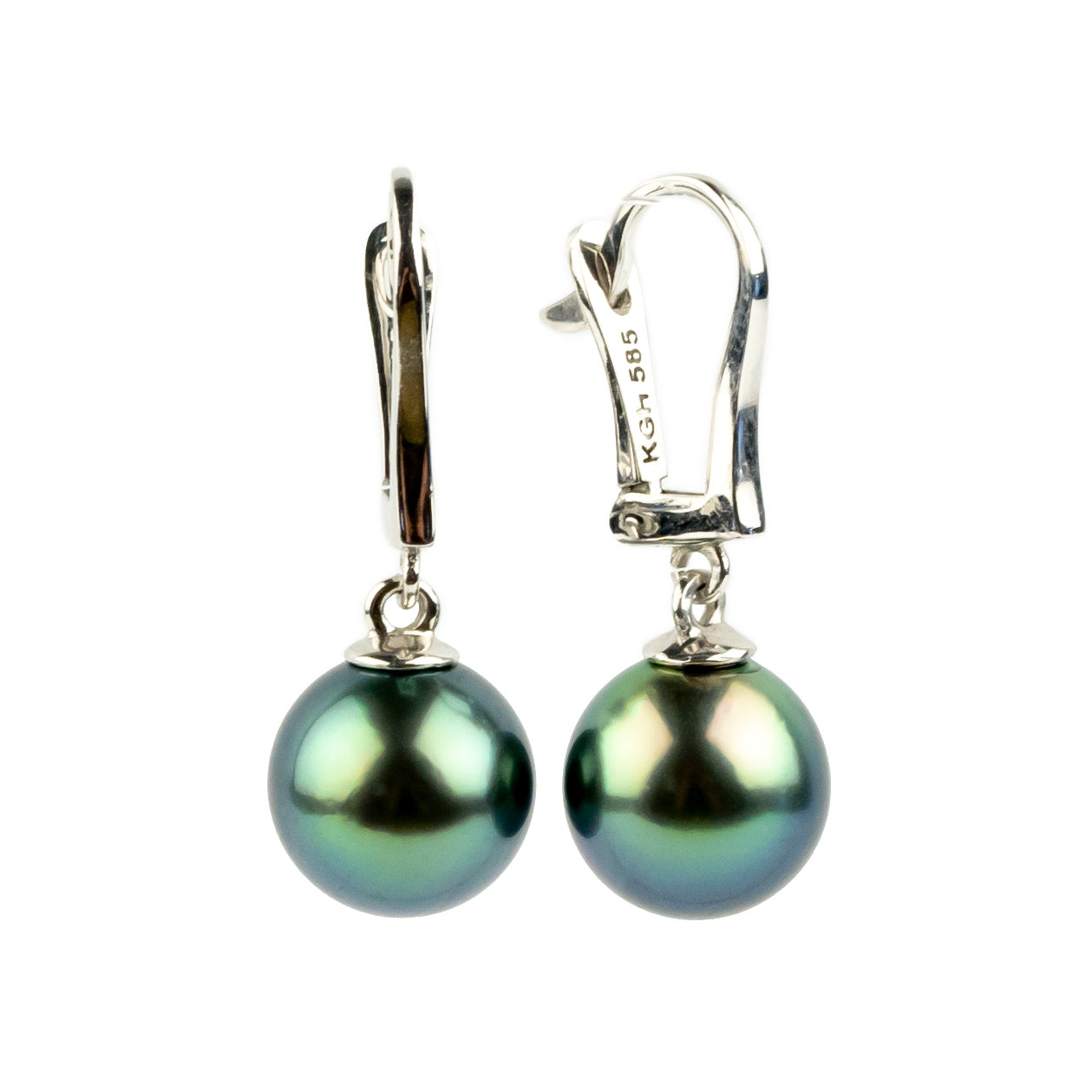 Flashy Blue-Green 9.2mm Tahitian Pearl Lever Back Earrings on 14K White Gold