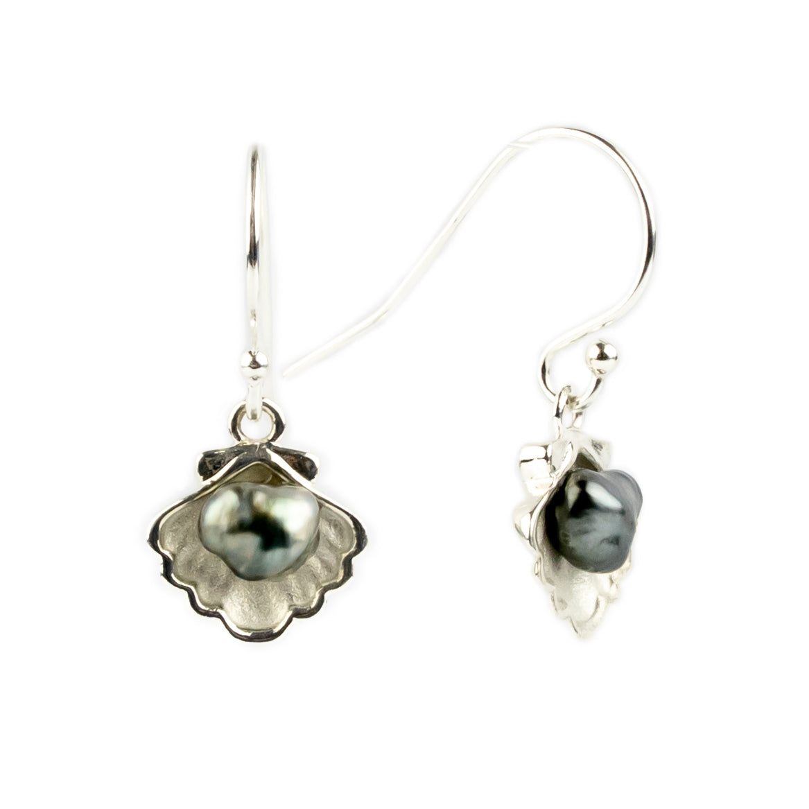 Tahitian Keshi Pearl Sterling Silver Seashell Dangle Earrings