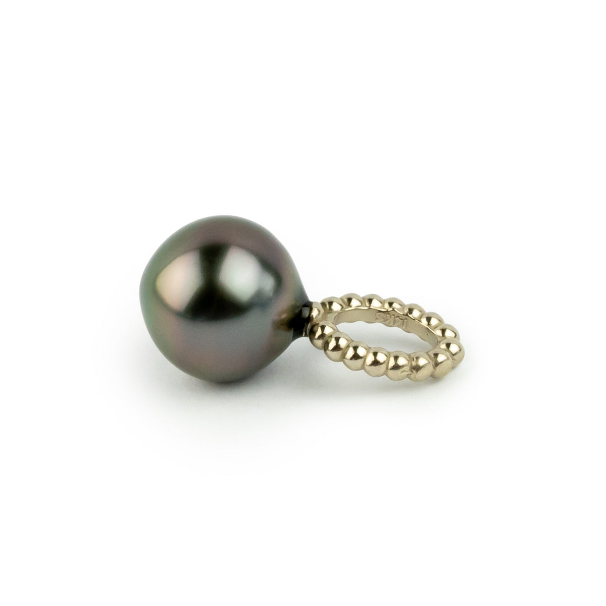 Deep Purple Green 9.1mm Beaded Tahitian Pearl Pendant on 14K White Gold