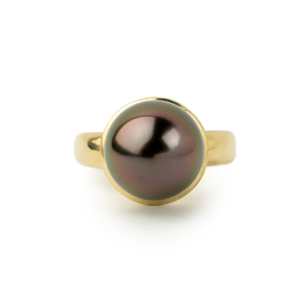 Plum Green 13mm Tahitian Pearl Rahi Ring