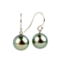 Shimmery Greens Tahitian Pearl Dangle Earrings on 14K White Gold
