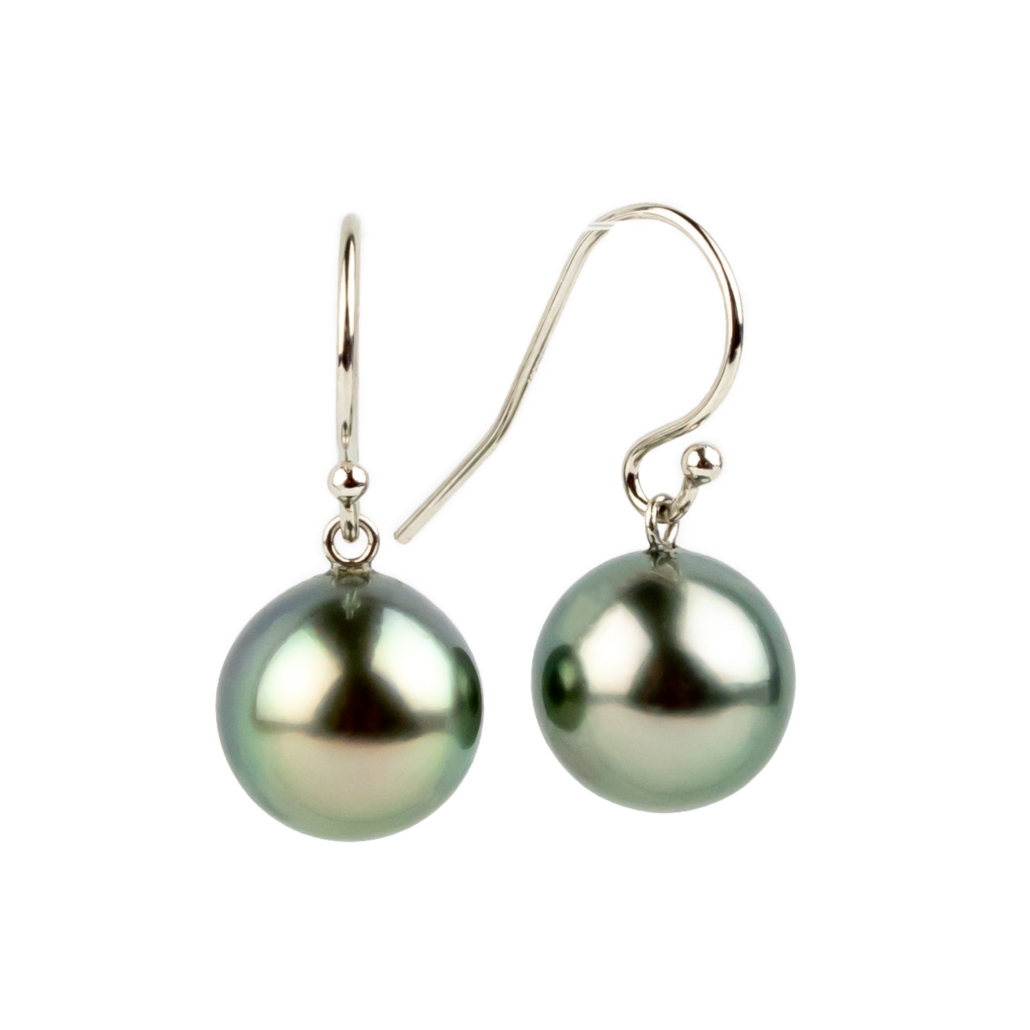 Shimmery Greens Tahitian Pearl Dangle Earrings on 14K White Gold