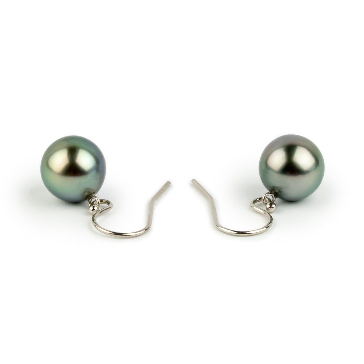 Shimmery Greens Tahitian Pearl Dangle Earrings on 14K White Gold
