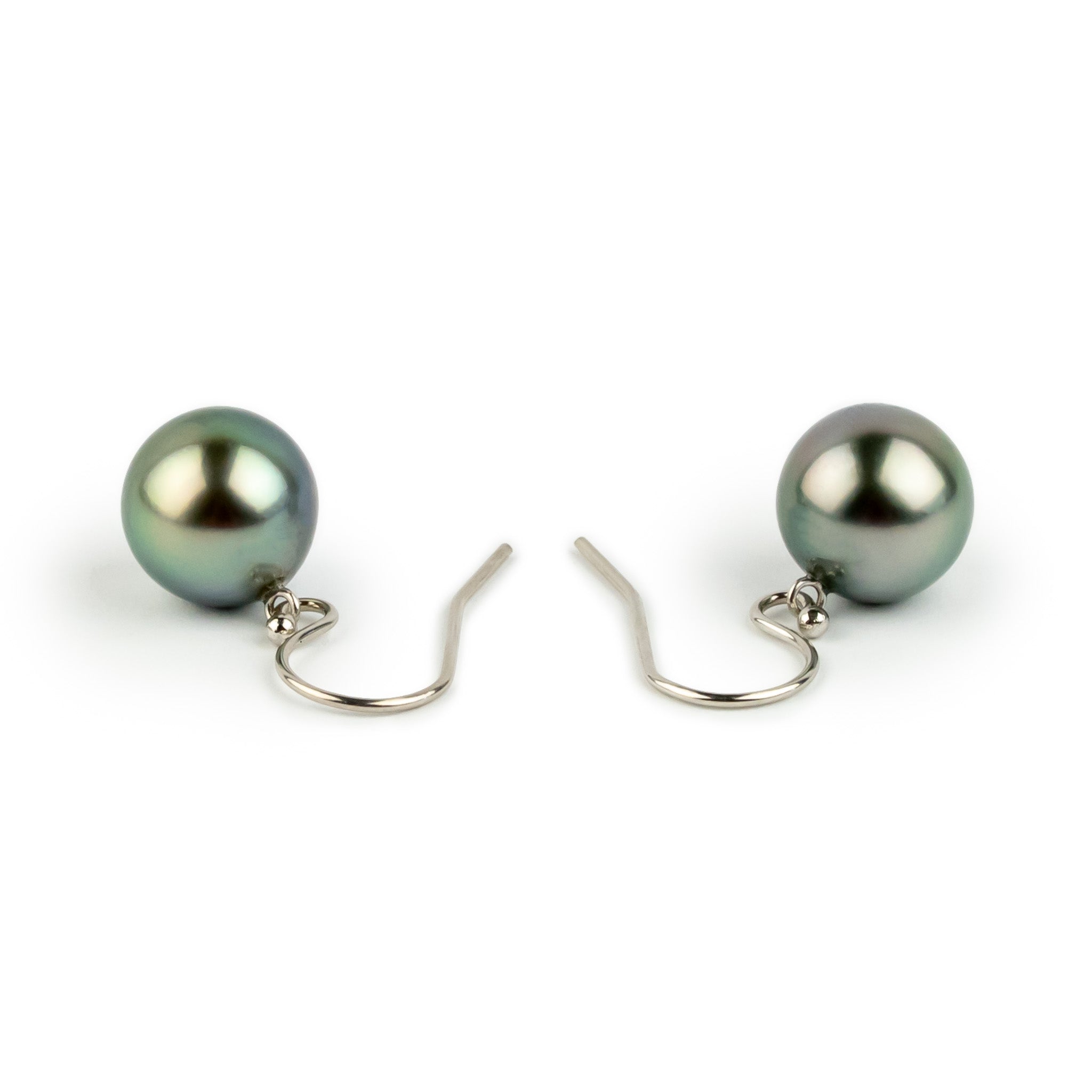 Shimmery Greens Tahitian Pearl Dangle Earrings on 14K White Gold